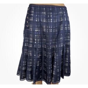 TORY BURCH SILK SKIRT SZ 6 NAVY PLAID A-LINE FLARE MIDI SIDE BUTTON 100% SILK